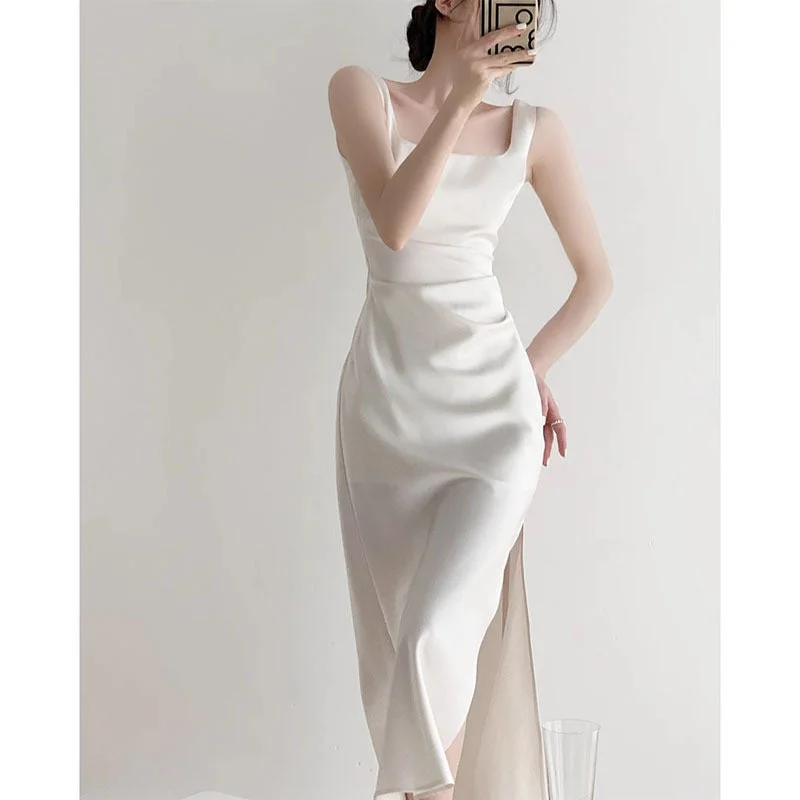 Best Sellers IKEARLAX  White Dress Women's High-Grade Summer  Style Long Wedding Party Light Luxury Dress Graceful Satin Suspender Dress