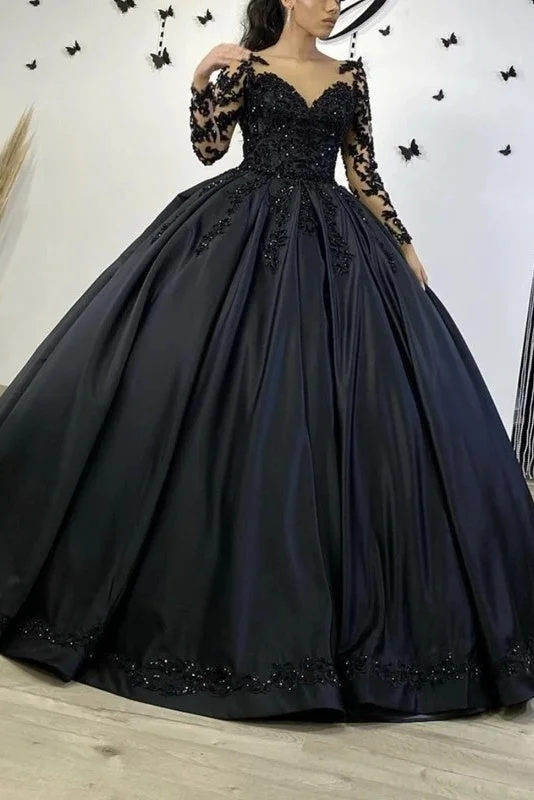 Summer Deals Modest Black Ball Gown Satin Beading Long Sleeves Princess Wedding Dresses