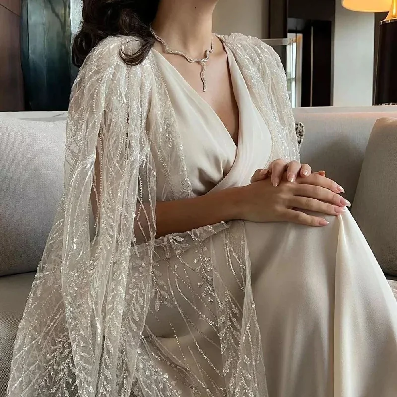 Premium Style Offers Luxury Dubai Moroccan Kftan Beige White Arabic Evening Dress with Cape Sleeve Muslim Women Wedding Party Gowns