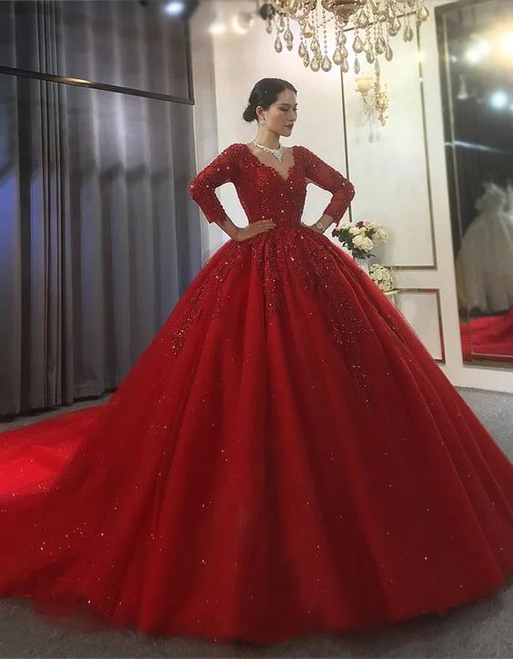 Seasonal Style Discounts Red Tulle V-neck Long Sleeve Appliques Beading Wedding Dress Ball Gown Y53