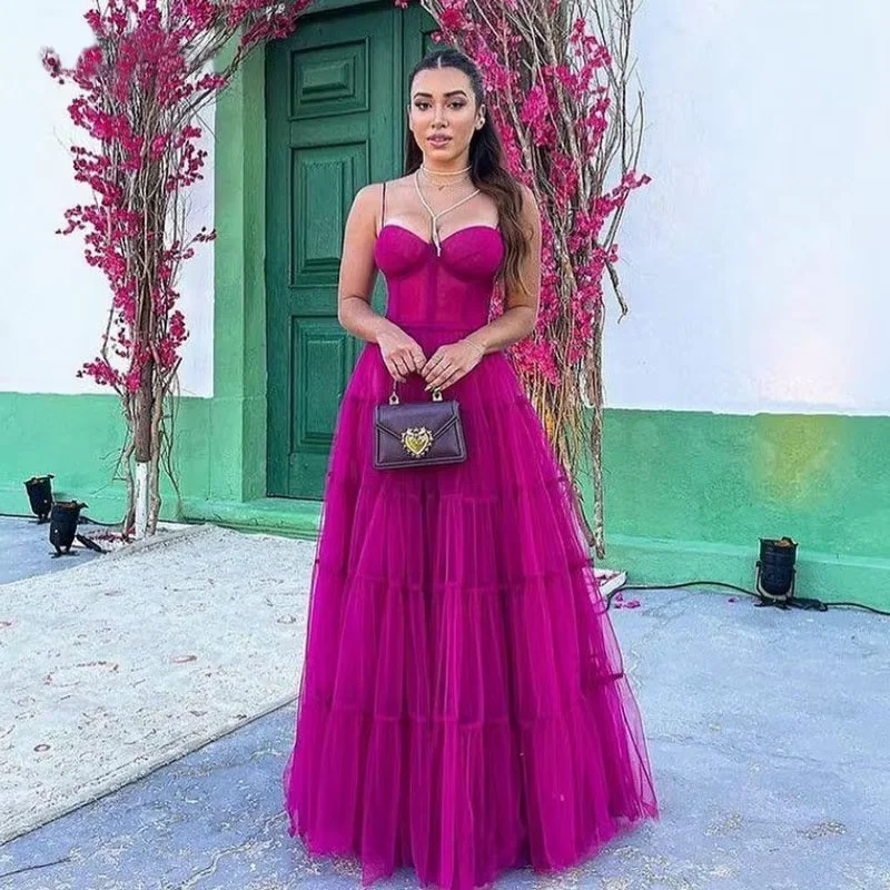 New Arrivals Fuchsia Long Prom Dresses Newest Tiered Tulle Formal Evening Dress Princess Women Wedding Party Gowns