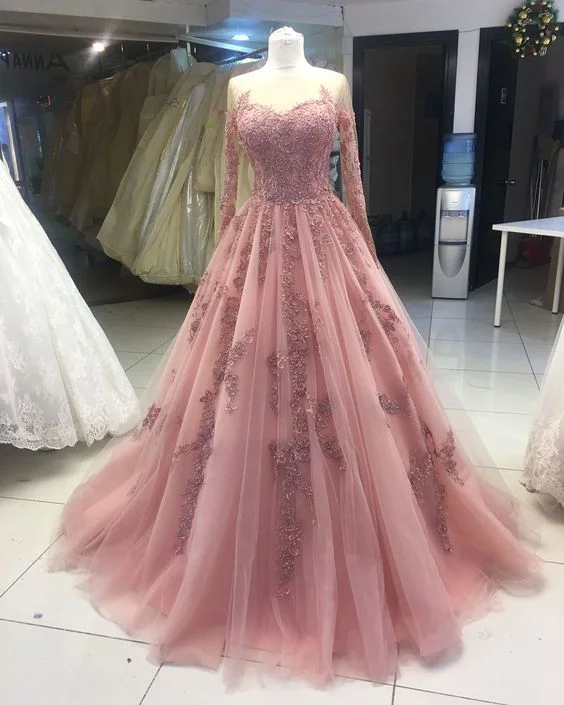 Mega Sale Fashion Tulle Long Sleeve Pink Appliques Quinceanera Ball Gown Prom Dress, Wedding Party Dress  cg10767