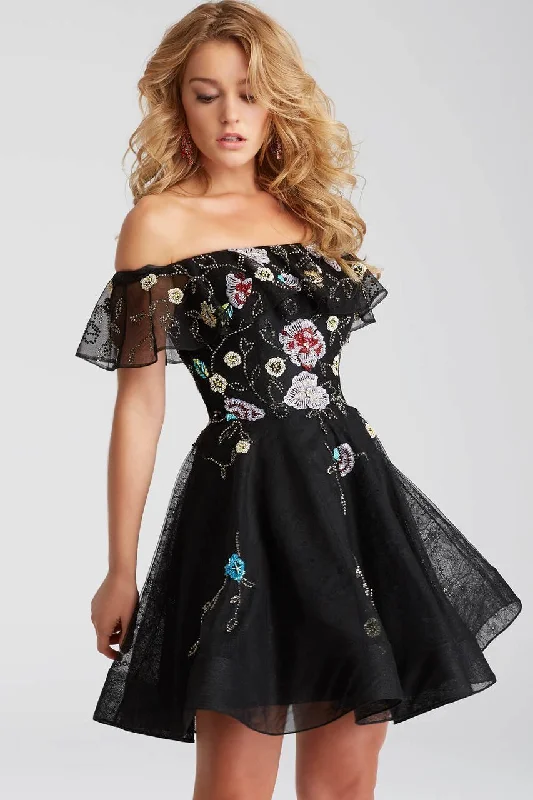 Vintage Style Deals Jovani - Ruffled Off-Shoulder Floral Beaded Cocktail Dress 54430SC - 1 pc Black/Multi In Size 6 Available