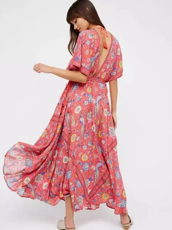 Modish Fashion Discounts JuliaFashion-Boho Vibes Floral Print Plunging Neck Maxi Dress