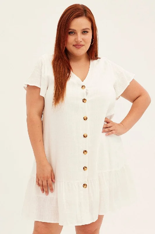 Classic Elegance Sales White Mini Dress Drop Hem Button Through Linen Blend