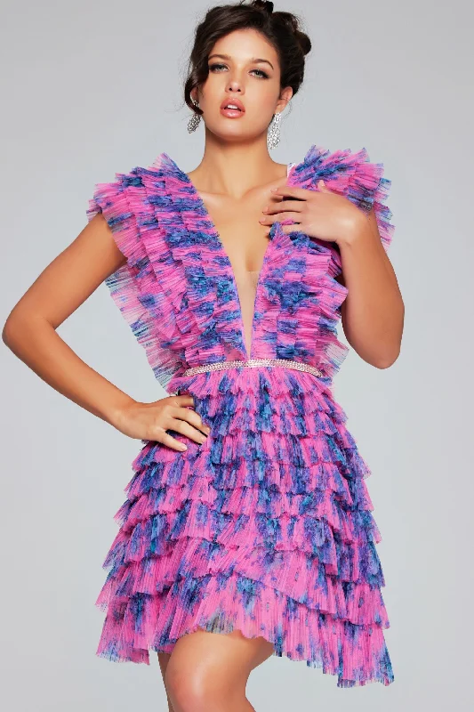 Chic Style, Always In Vogue Jovani 50069 Short Homecoming Floral Print Pleated Cocktail Dress