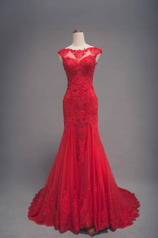 Fashion Deal Modest Mermaid Red Lace Wedding prom Dress  cg8612