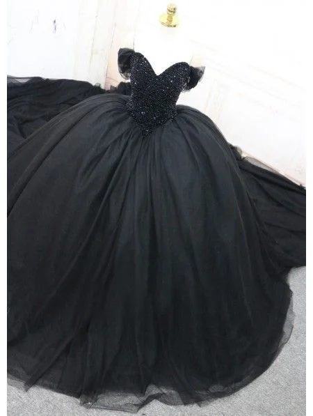 Best-Sellers Black Gothic Beading Off-the-Shoulder Ball Gown Wedding prom Dress  cg9226