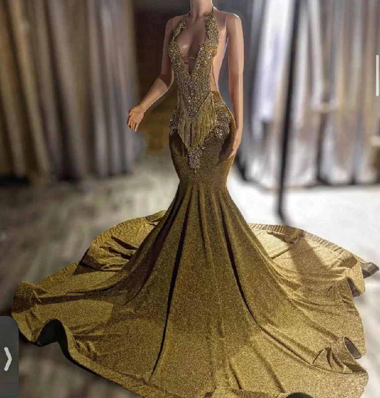 Exclusive Sale Sparkly Gold Diamonds Prom Dress Court Train Beads Crystals Rhinestones Wedding Reception Evening Gown Birthday Party Gown