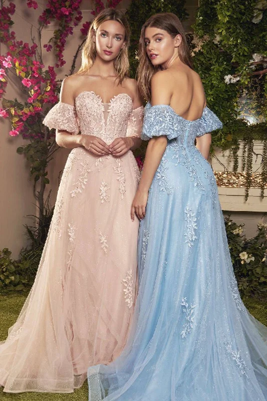 Trendy Street Style Strapless Willow Embroidered V-neck Bodice Puff Sleeves Floral Long Prom & Bridesmaid Dress CDA1046