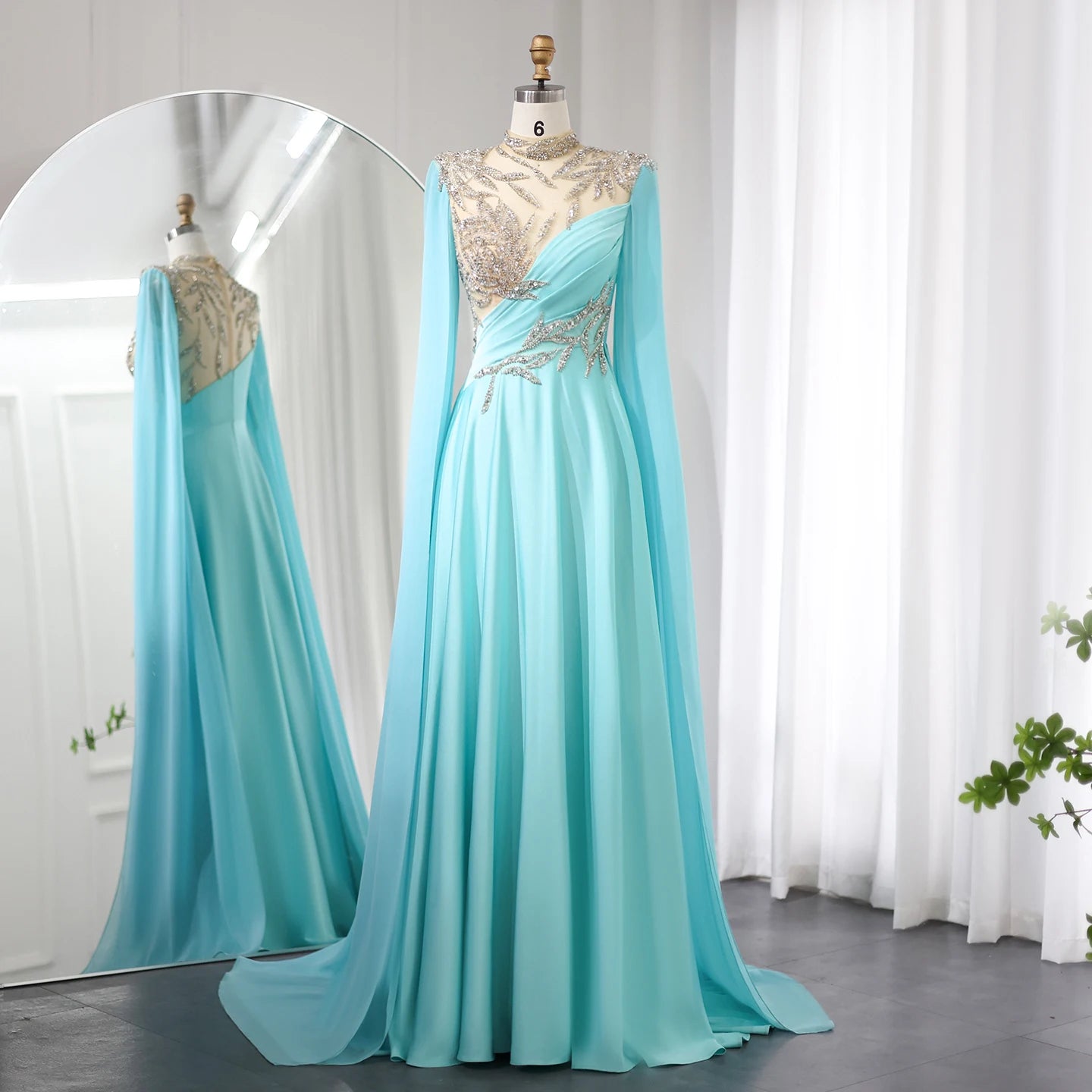 Cozy Chic Promotions Luxury Crystal Turquoise Blue Evening Dress With Cap Sleeves 2024 High Neck Arabic Women Wedding Party Dress Sz207