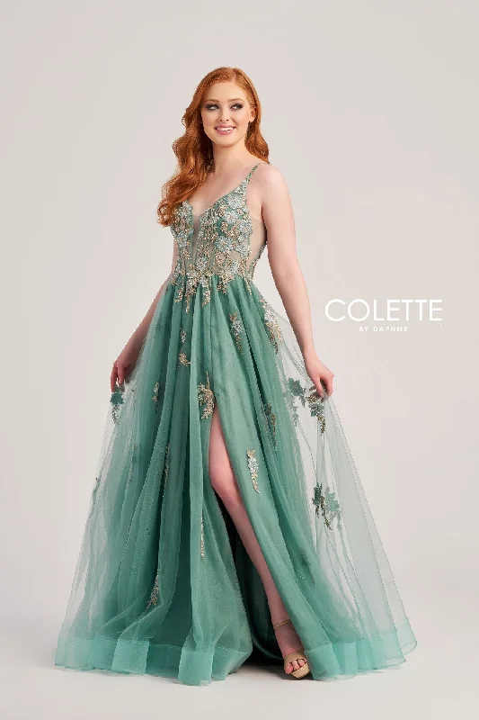 Street Chic Discounts Colette CL5143 Floral Applique Long Formal Glitter Prom Dress