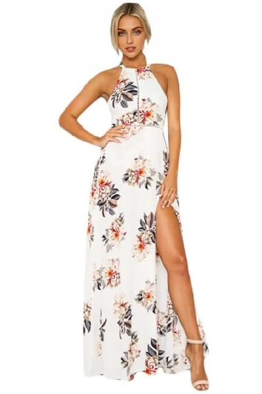 Avant-Garde Style Promotions JuliaFashion - 2024 White Floral Cutout Back Halter Split Maxi Boho Dress