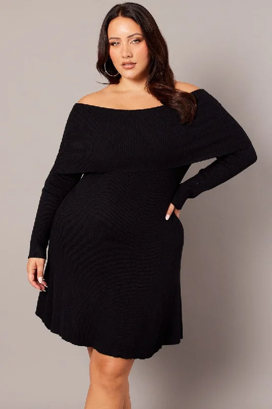 Huge Markdowns Black Off Shoulder Knit Mini Dress