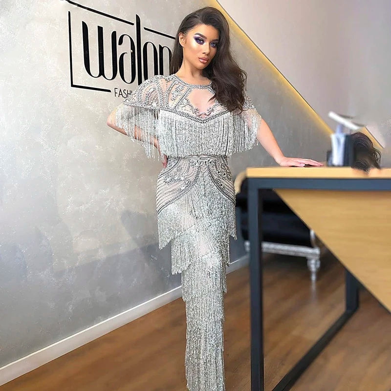 Contemporary Fashion Sale Luxury Dubai Beading Tassel Gray Evening Dresses Mermaid Arabic Formal Prom Dresses For Women Wedding Party Scz143-2