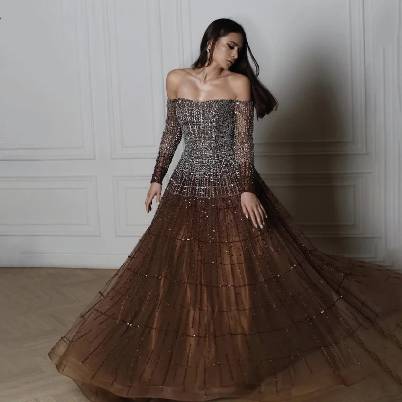 Style Redefined Brown Off Shoulder Evening Dresses Long Sleeves Prom Gowns For Women Wedding Party Formal Luxury A-Line Tulle Vestidos De Noche