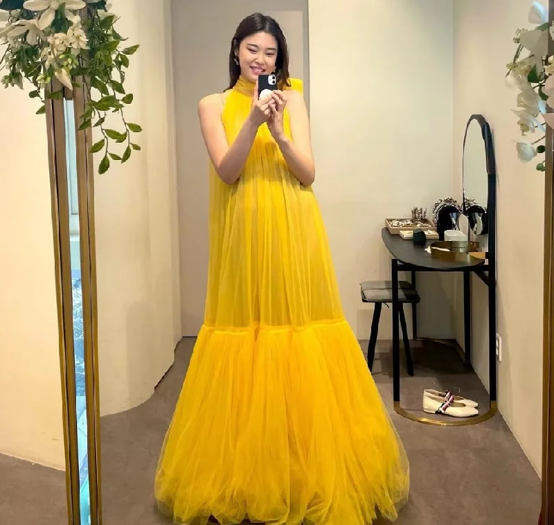 Seasonal Picks Simple Yellow Gold Tulle Prom Dresses For Korea Lady Halter A Line Formal Party Gowns Evening Dress Wedding Photo Shoot