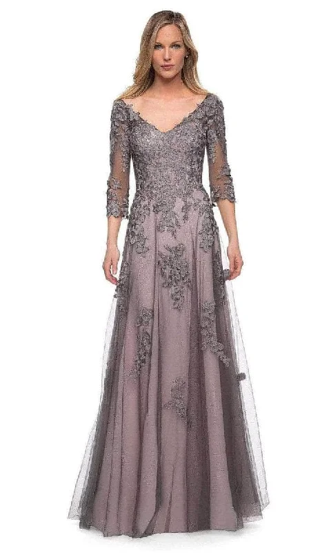 Sale Event, Prices Rock La Femme - 29205SC Floral Appliqued V-neck Formal Gown - 1 pc Pink/Gray in Size 6 Available