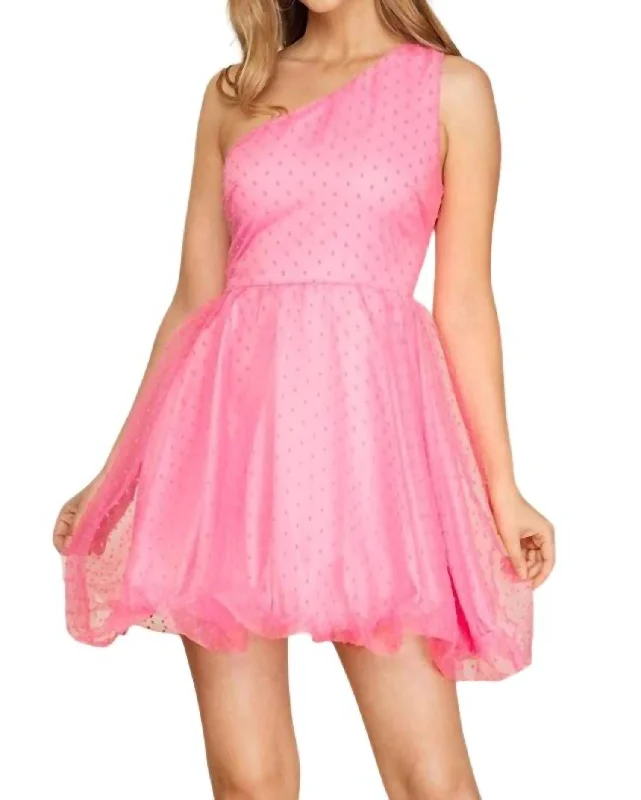 Vintage-Inspired Style Offers One Shoulder Polka Dot Organza Mini Dress In Pink