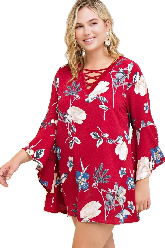 Seasonal Picks Floral Bell Sleeve Dress, Burgundy