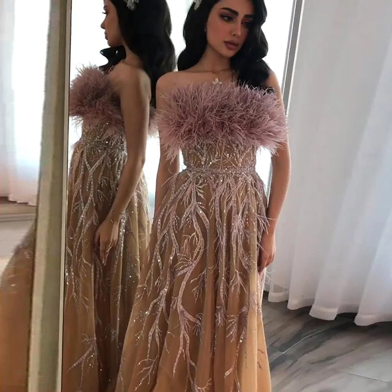 Classy Style Discounts Lscz176 Luxury Feathers Champagne Dubai Evening Dresses For Women Wedding Party Elegant Arabic Long Formal Prom Dress