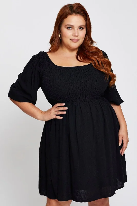 Relaxed Style Deals Black Shirred Bodice Mini Dress