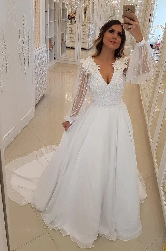 Gift Ideas A Line White Long Sleeves V-Neck Beach Wedding Dresses with Beading N1721