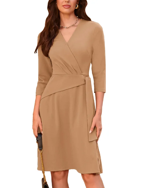 Flash Sales GRACE KARIN Formal Dress for Women Wedding Guest V Neck Wrap 3/4 Sleeve Swing Stretchy Midi Dress for Work Camel XL