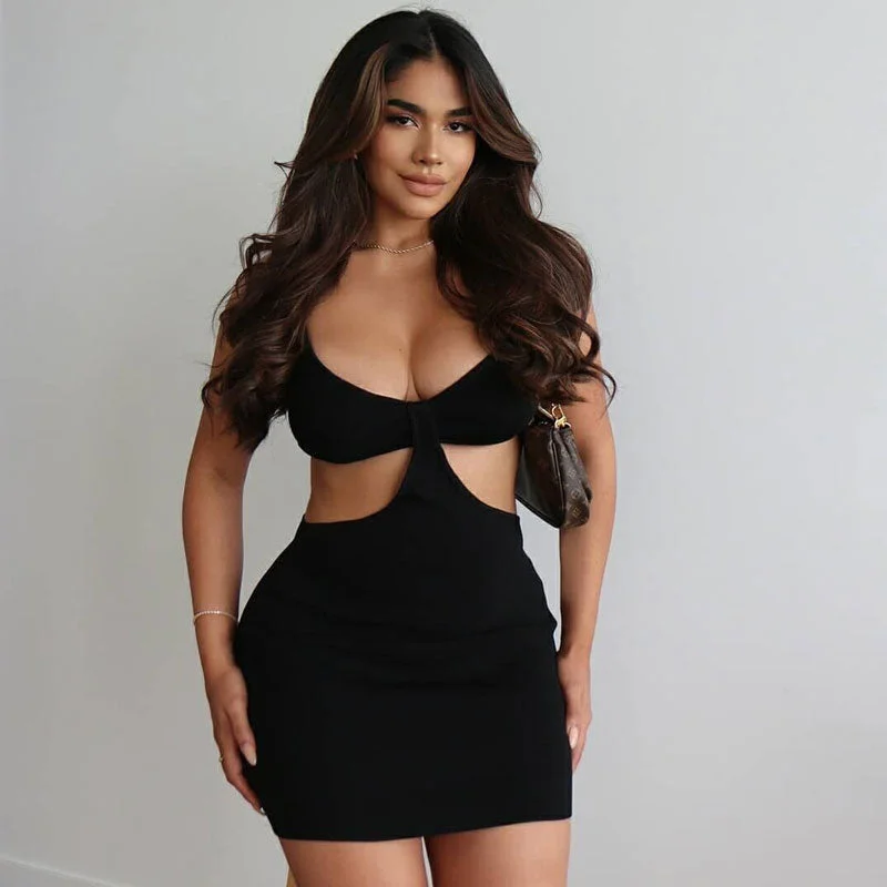 Exclusive Deals Online Trendy Ribbed Deep V Neck Cut Out Party Mini Dress - Black