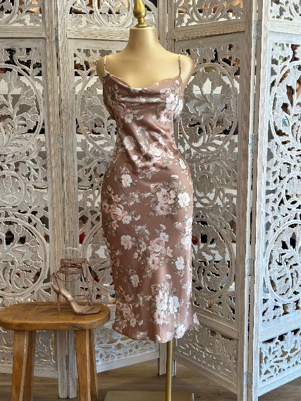 Everyday Elegance Sale Beige Floral Cowl Midi Dress