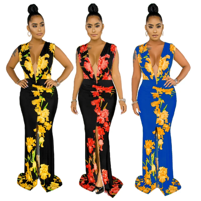 Massive Selection Sale Fashion Sleeveless V-neck Printed Patchwork Dress SMR9622 Women's Sexy Wedding Party Formal Evening Dress Sleeveless Sleeve