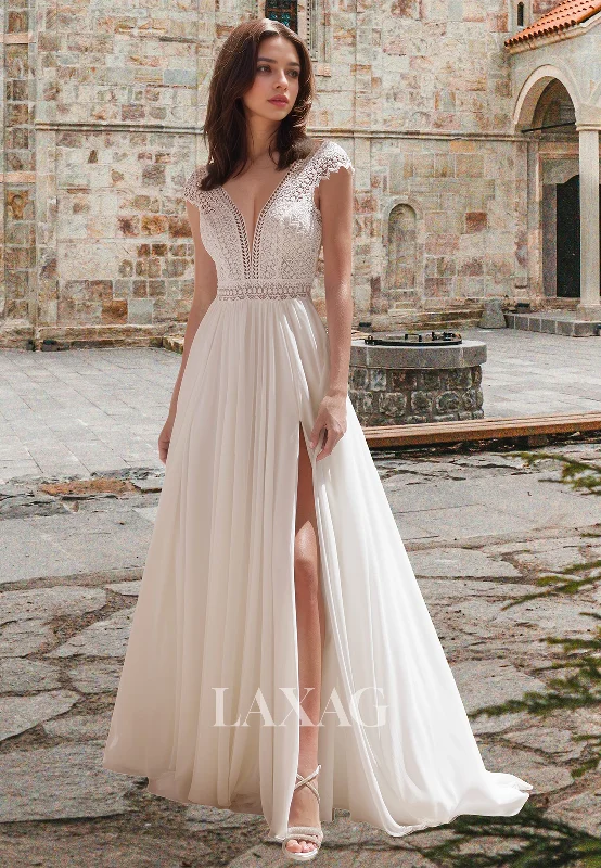 Browse Our Top Products Lace Applique Cutout Pleated Bride Gowns Deep V-Neck Cap-Sleeves Chiffon A-Line Wedding Dress