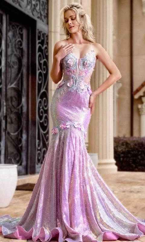 Mega Sales Portia and Scarlett PS24250 - Floral Appliqued Iridescent Prom Gown