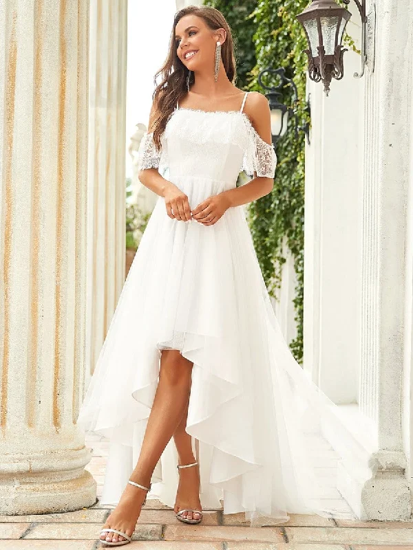 Laid-Back Fashion Offers Cold Shoulder Spaghetti Straps High Low Lace Wedding Dress