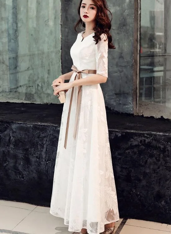 Premium Fashion Elegant White Lace Long Short Sleeves Wedding Party prom Dress With Bow, Evening Dress cg3570