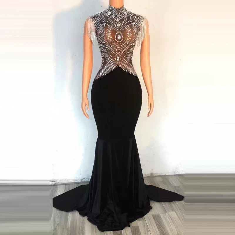 Modern Fashion Sale Saias Luxury Mesh See Through Crystal Tassel Wedding Party Mermaid Dress Birthday Prom Dress Women Ball Gown Evening Dresses