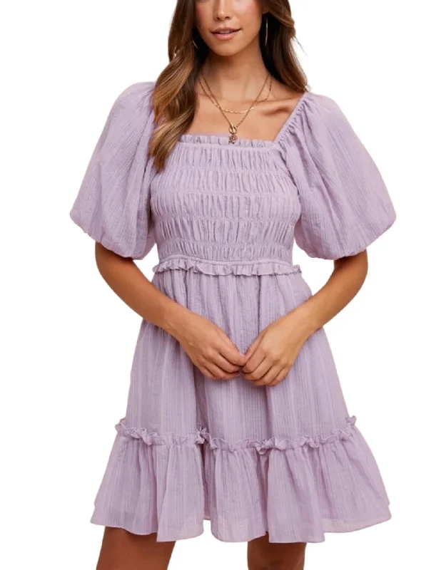 Casual Yet Chic Sales Smocking Bodice Elastic Tiered Mini Dress In Lilac