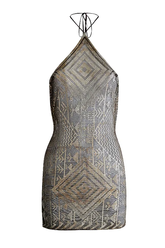 Casual Chic 1920's Egyptian Bronze Diamond Halter Mini Dress