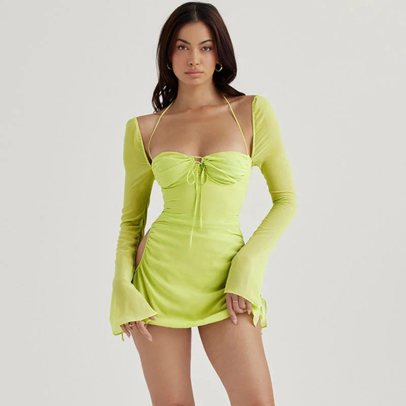 Elevated Casual Discounts Halter Tie Strap Ruched Cut Out Club Mini Dress - Green