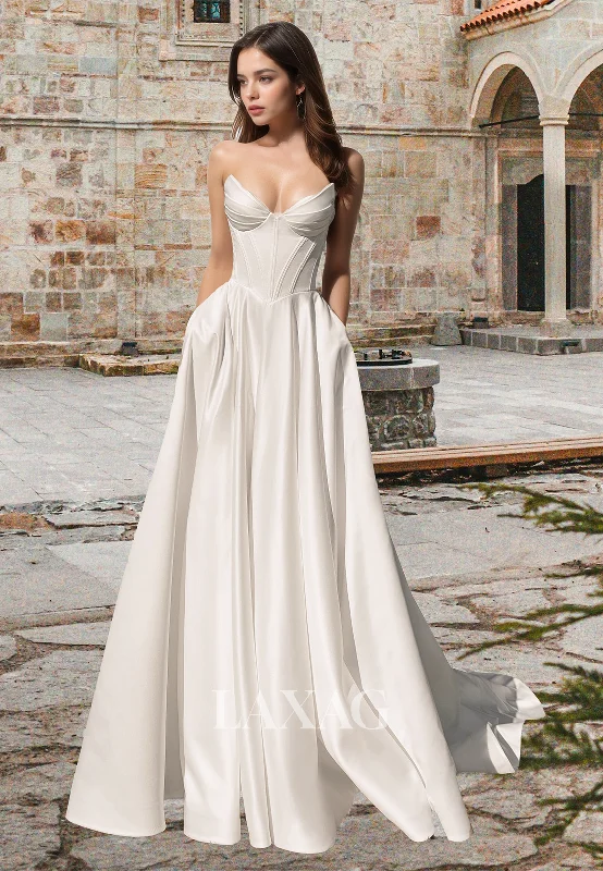 Flash Sale Starts Simple Off-Shoulder V-Neck Sleeveless Pleated Satin A-Line Wedding Dress with Sweep Train