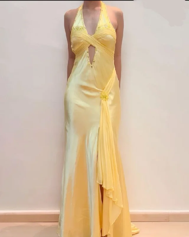 Luxury Casual Deals Yellow Halter Sheath Beading Satin Long Party Dress Wedding Guest Dress, D375