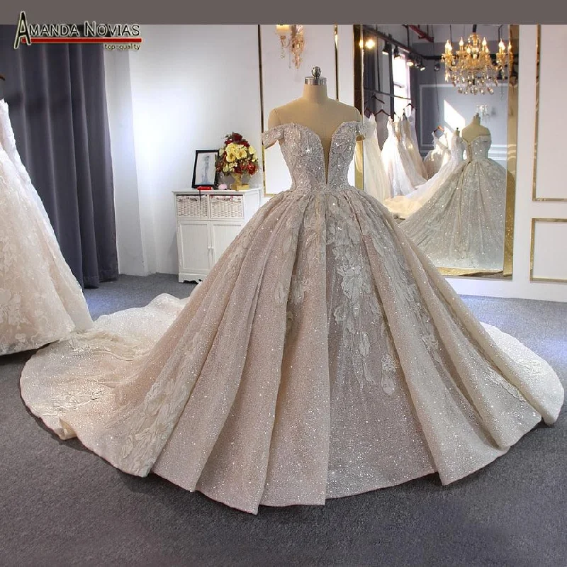 Everyday Elegance Sale Luxury Beaded Off Shoulder Long Train Bridal Wedding Dress