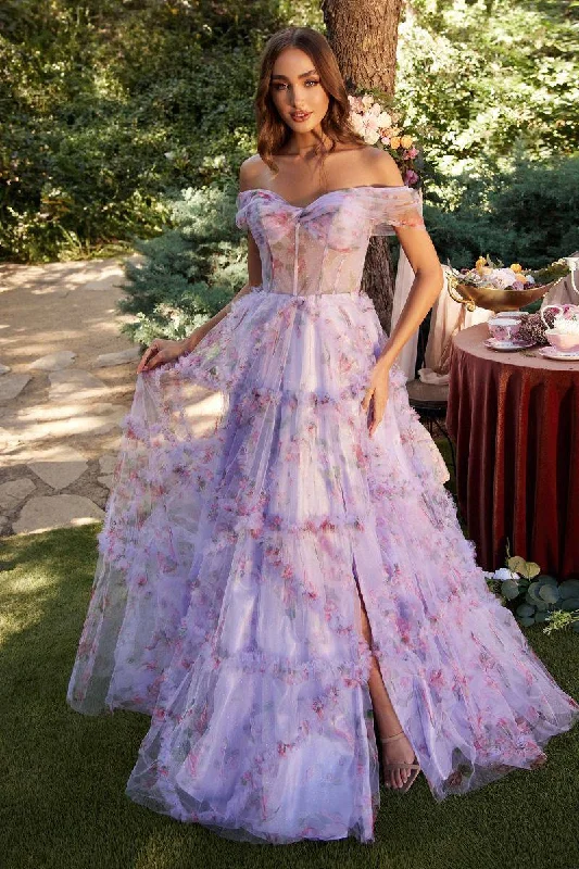 Casual Chic Off Shoulder Floral A-Line Open Back Layered Skirt Long Prom Dress CDA1286