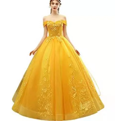 The Good Stuff New Designs Off Shoulder Gold Ball Gown Wedding Dresses Luxury Lace Up Flower Embroidered Banquet Evening Party Dress