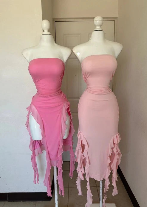 Fashionista Sale Pink Strapless Sheath Ruffles Long Party Dress Wedding Guest Dress, D285