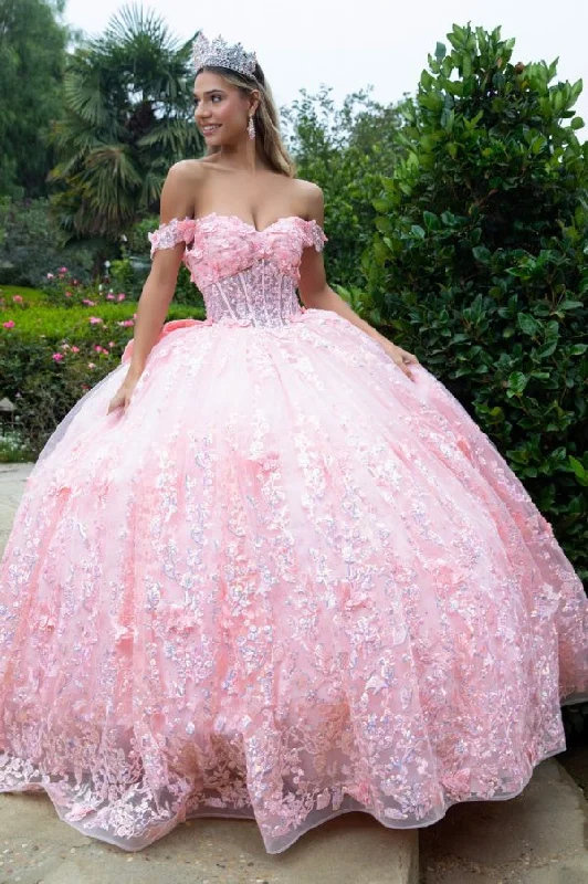 Relaxed Style Long 3D Floral Applique Corset Quinceanera Dress