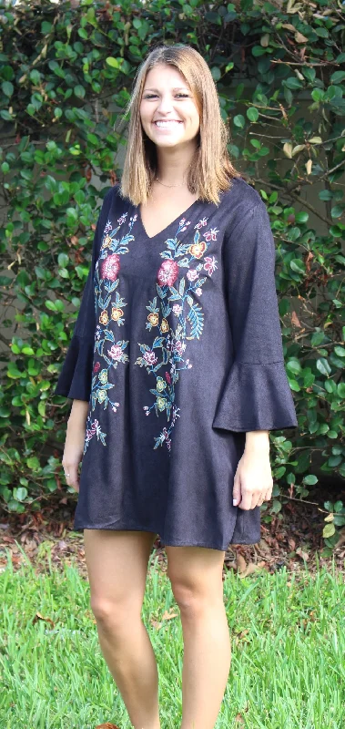 Get The Latest Trends Floral Embroidered Bell Sleeve Dress, Black