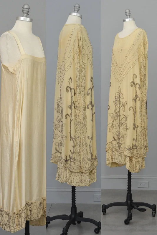 Limited Stock, Big Sale Authentic 1920s Cream Silk Beaded Two Piece Flapper Wedding Dress Tunic