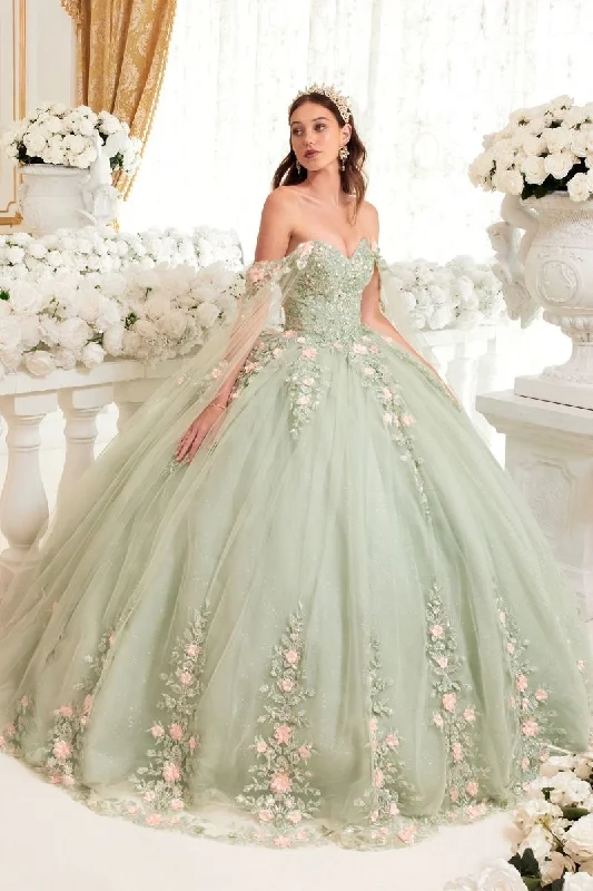 Step Ahead, Lead The Trend Cinderella Divine 15716 Long Floral Applique Quinceanera Ball Gown