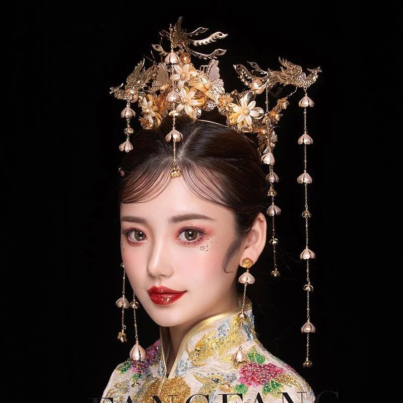 Fashionista Sale HIMSTORY Luxury Wedding Bride Vintage Chinese Peacock Hair Accessories Bridal Headdress Gold Phoenix Tiara Crown Hair Jewelry